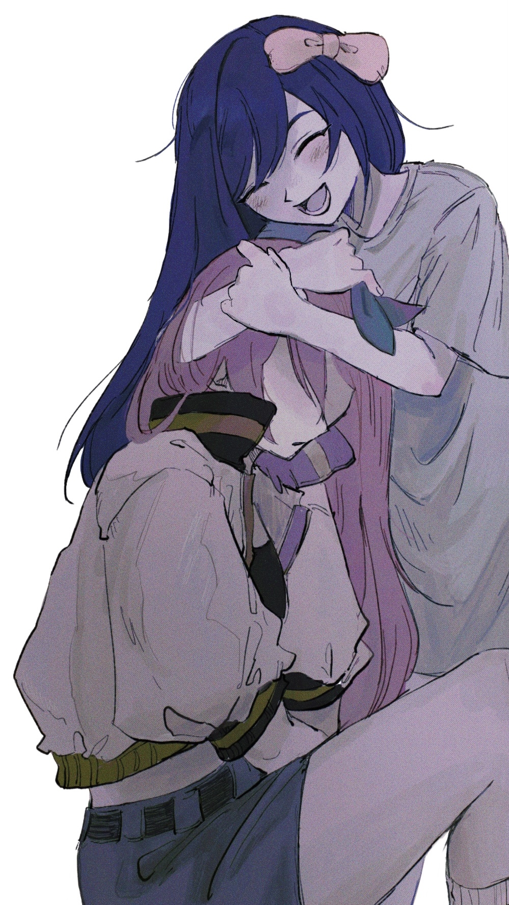 2girls, :d, ^_^, arms_between_legs, aubrey_(faraway)_(omori), aubrey_(headspace)_(omori), aubrey_(omori), blue_bow, blue_dress, blue_skirt, blush, bow, closed_eyes, commentary_request, cowboy_shot, denim, denim_skirt, dress, dual_persona, faceless, faceless_female, hair_between_eyes, hair_bow, highres, hug, hugging_another's_head, jacket, long_hair, lower_teeth_only, multiple_girls, omori, open_clothes, open_jacket, open_mouth, pink_bow, pink_hair, purple_hair, sema_(vivaviva_02), short_sleeves, simple_background, sitting, skirt, smile, socks, standing, teeth, white_background, white_jacket, white_socks
