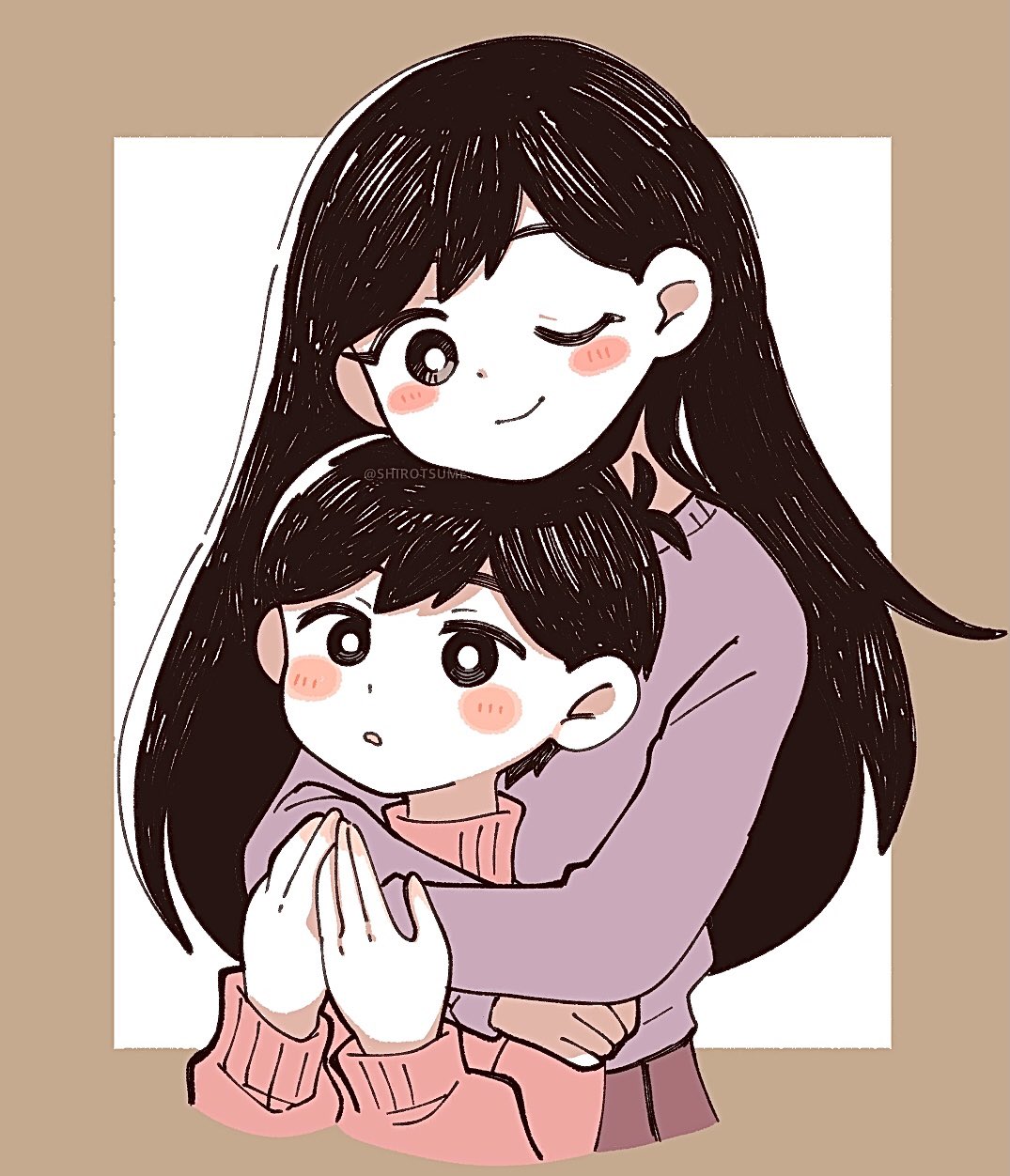 1boy, 1girl, antenna_hair, black_eyes, black_hair, blush, blush_stickers, bright_pupils, brother_and_sister, closed_mouth, highres, hug, hug_from_behind, limited_palette, long_hair, long_sleeves, looking_at_another, mari_(faraway)_(omori), mari_(omori), omori, one_eye_closed, parted_lips, red_sweater, shirotsume_143, siblings, smile, sunny_(omori), sweater, turtleneck, turtleneck_sweater, white_pupils