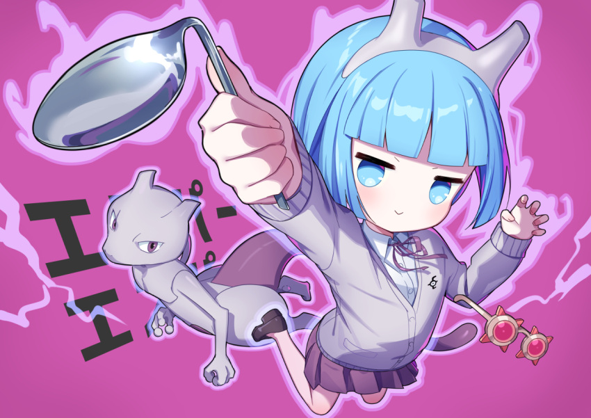 1girl, andromedako, arm_up, aura, bent_spoon, blue_eyes, blue_hair, blunt_bangs
