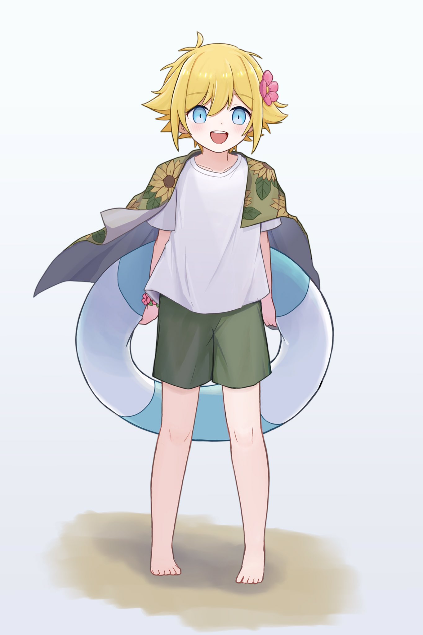 1boy, antenna_hair, barefoot, basil_(faraway)_(omori), basil_(omori), blonde_hair, blue_eyes, blush
