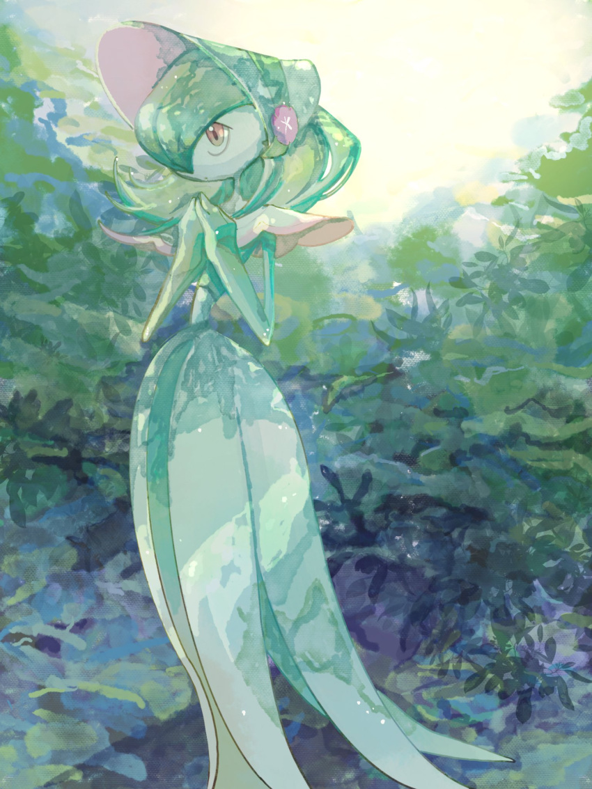 bob_cut, bonnet, bush, capelet, colored_skin, dress, flower, gardevoir