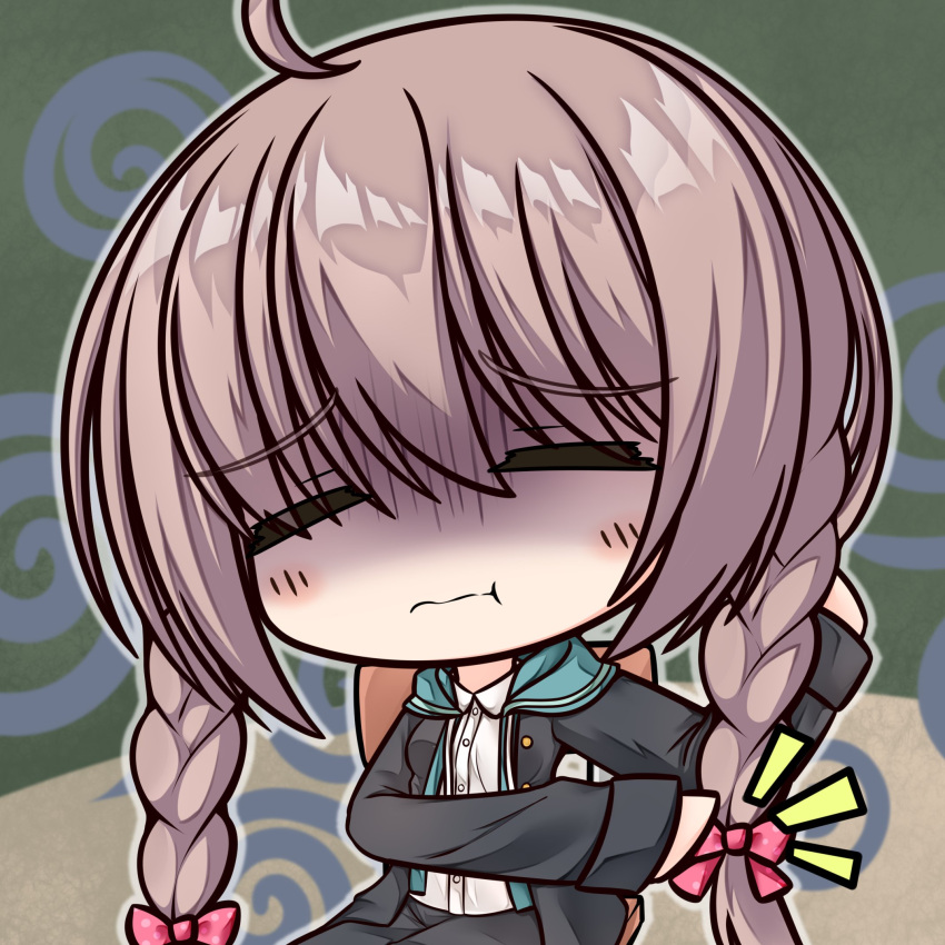 1girl, :t, ahoge, black_jacket, black_pants, blush, bow, braid