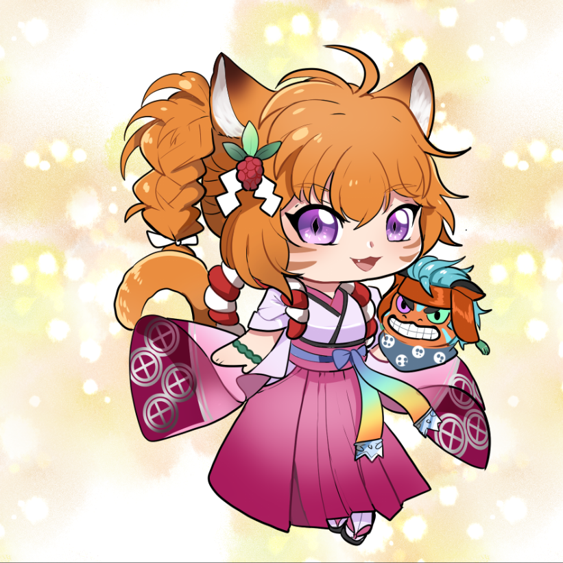 1girl, animal_ears, bracelet, cat, cat_ears, cat_girl, cat_tail, chibi, facepaint, fang, fire_emblem, fire_emblem:_path_of_radiance, fire_emblem:_radiant_dawn, fire_emblem_heroes, hair_ornament, japanese_clothes, jewelry, kimono, lyre_(fire_emblem), lyre_(new_year)_(fire_emblem), official_alternate_costume, open_mouth, orange_hair, sash, solo, tail, violet_eyes, yami11