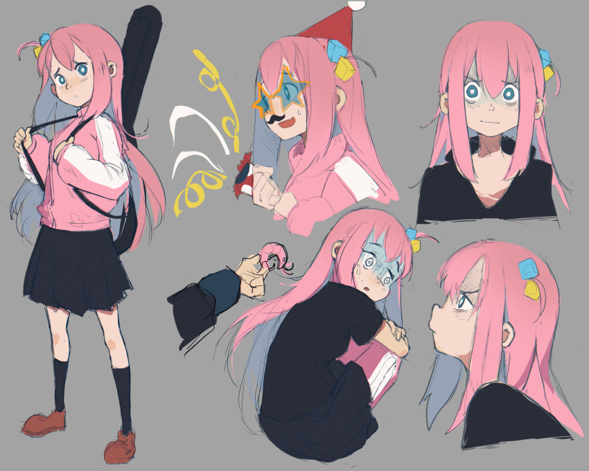 1girl, 1other, :|, bags_under_eyes, black_skirt, blue_eyes, bocchi_the_rock!, bright_pupils