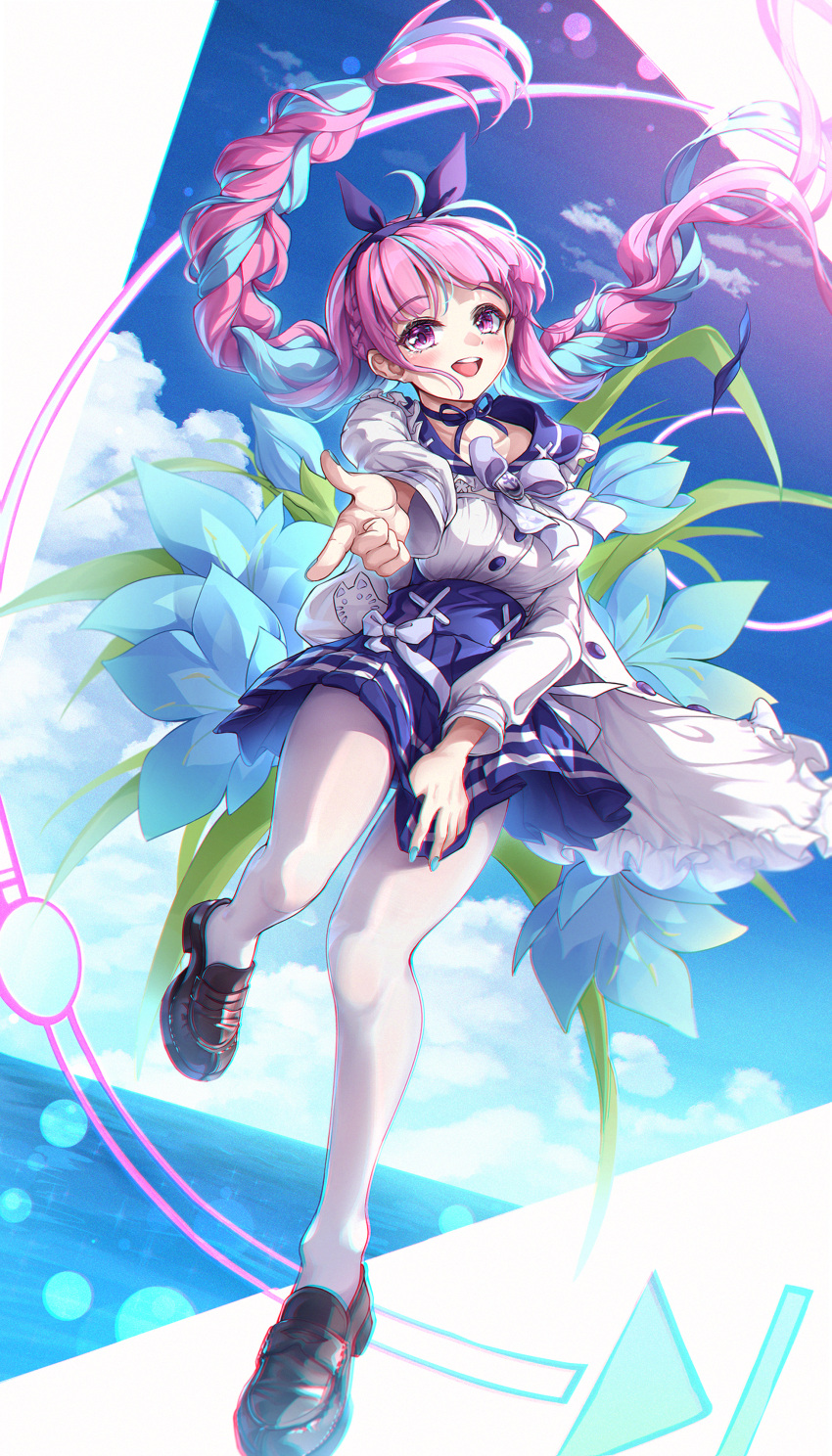 1girl, absurdres, ahoge, anchor_print, aqua_hair, black_footwear, blue_flower, blue_nails