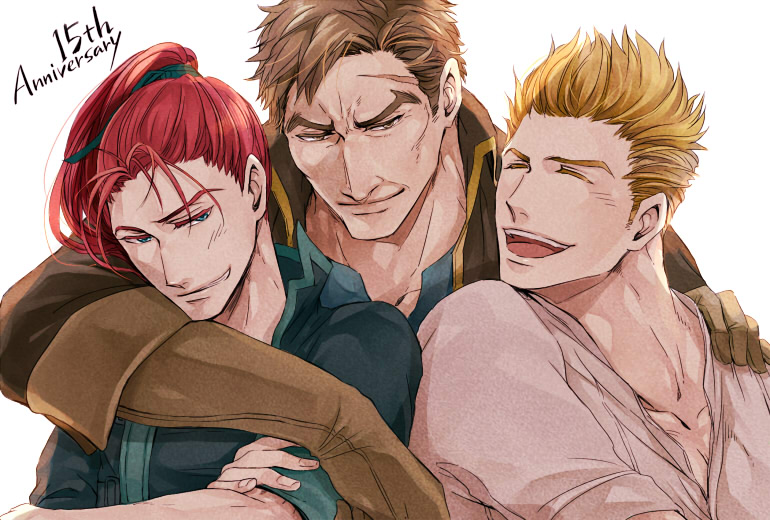 3boys, affectionate, anniversary, arm_around_shoulder, blonde_hair, blue_eyes, brown_eyes, closed_eyes