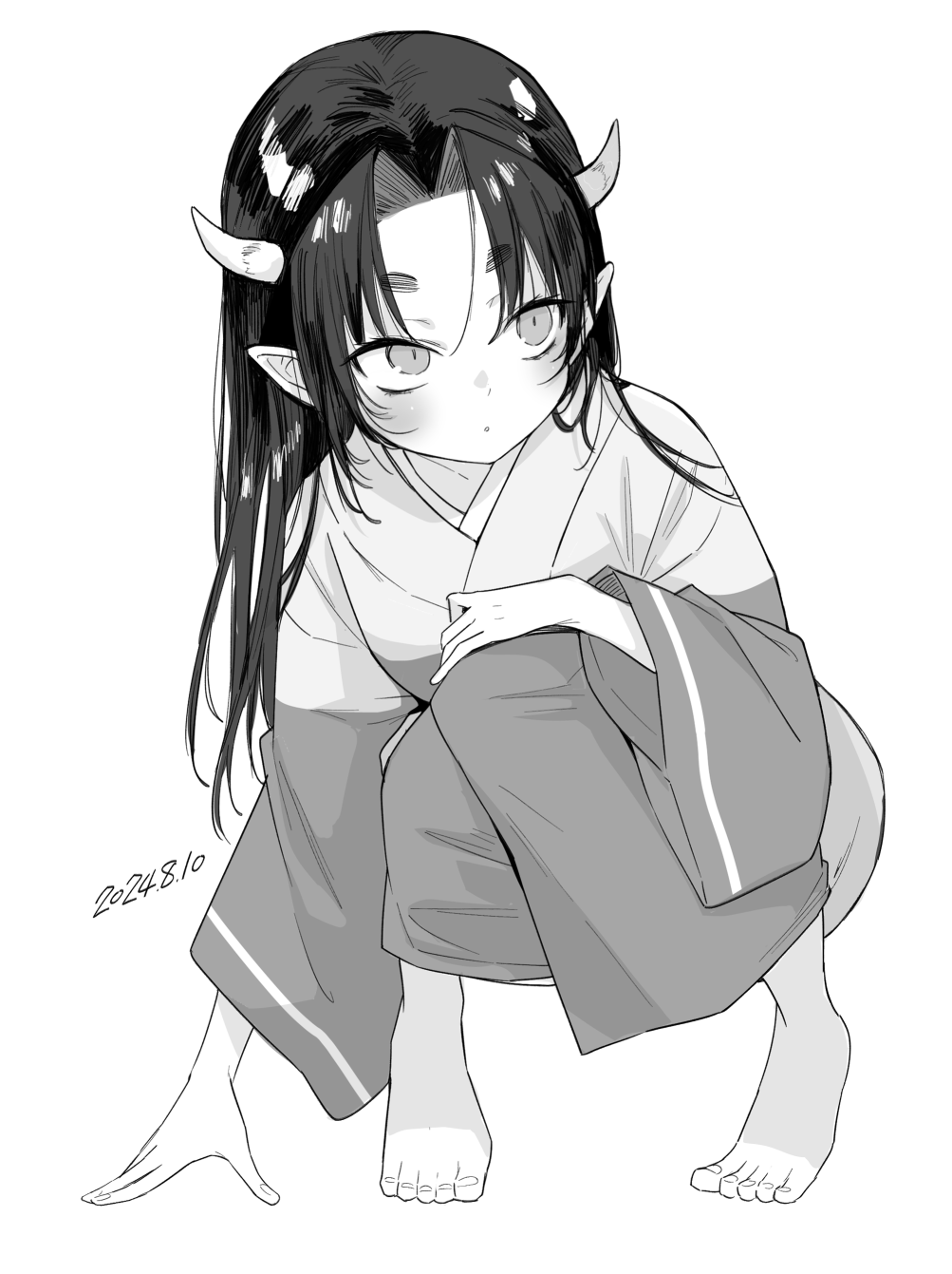 1girl, barefoot, blush, expressionless, full_body, greyscale, highres, horns