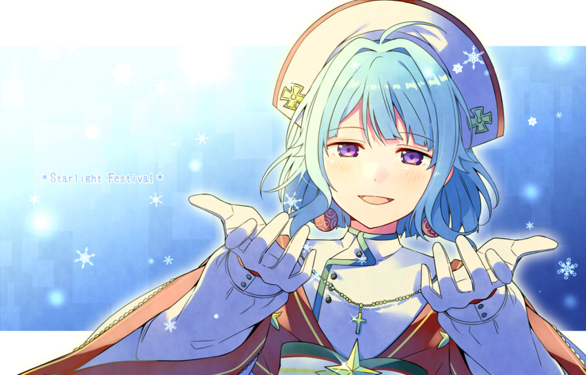 1boy, ahoge, androgynous, bishounen, blue_background, blue_hair, blunt_ends, cross