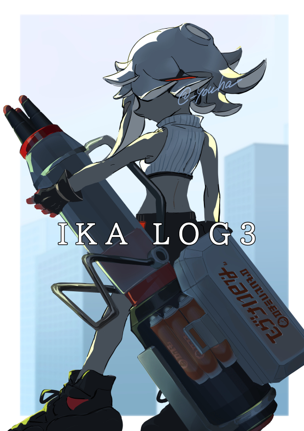 1girl, back, black_footwear, black_gloves, border, cropped_shirt, gatling_gun, gloves