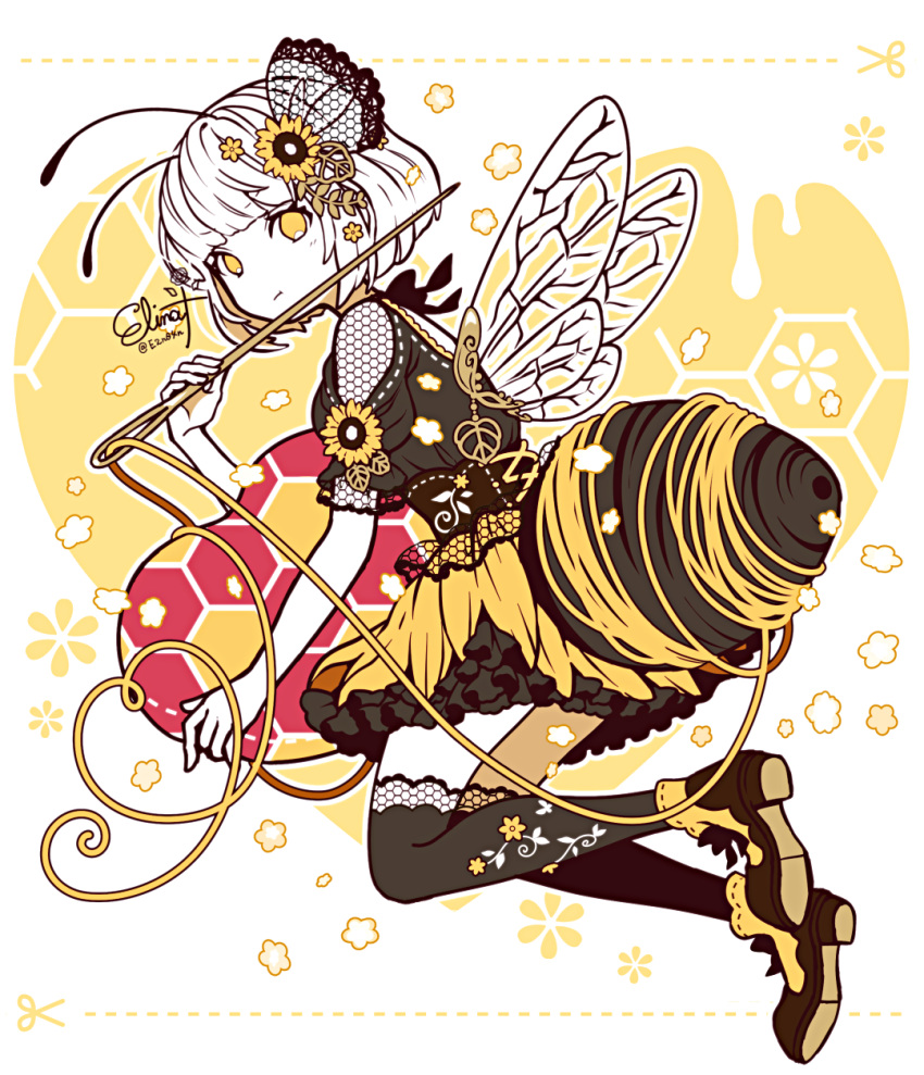 1girl, antennae, bee_costume, black_dress, black_thighhighs, closed_mouth, commentary_request, dress