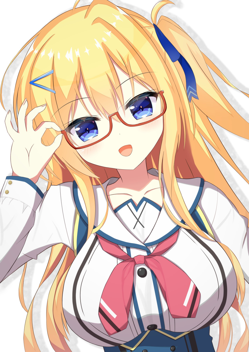 1girl, :d, absurdres, adjusting_eyewear, blonde_hair, blue_eyes, blue_ribbon, blush