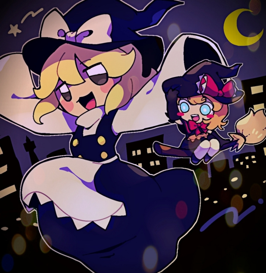 2girls, :d, apron, bien_kusuri, black_capelet, black_eyes, black_gloves, black_skirt, black_vest, blonde_hair, blue_eyes, blush_stickers, bow, bowtie, bright_pupils, broom, broom_riding, brown_apron, buttons, capelet, city, commentary_request, cookie_(touhou), crescent_moon, elbow_gloves, flying, full_body, gloves, hat, hat_bow, kirisame_marisa, long_skirt, looking_at_viewer, medium_bangs, meguru_(cookie), moon, multiple_girls, night, open_mouth, outdoors, pantyhose, purple_sky, red_bow, red_bowtie, shirt, short_hair, skirt, sky, sleeves_past_fingers, sleeves_past_wrists, smile, teeth, touhou, upper_teeth_only, vest, waist_apron, white_bow, white_pantyhose, white_pupils, white_shirt, yuuhi_(cookie)