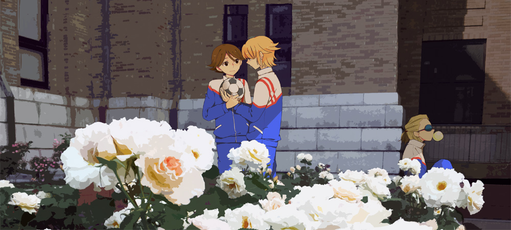 ball, brown_hair, building, dylan_keith, flower, ichinose_kazuya, inazuma_eleven, inazuma_eleven_(series)