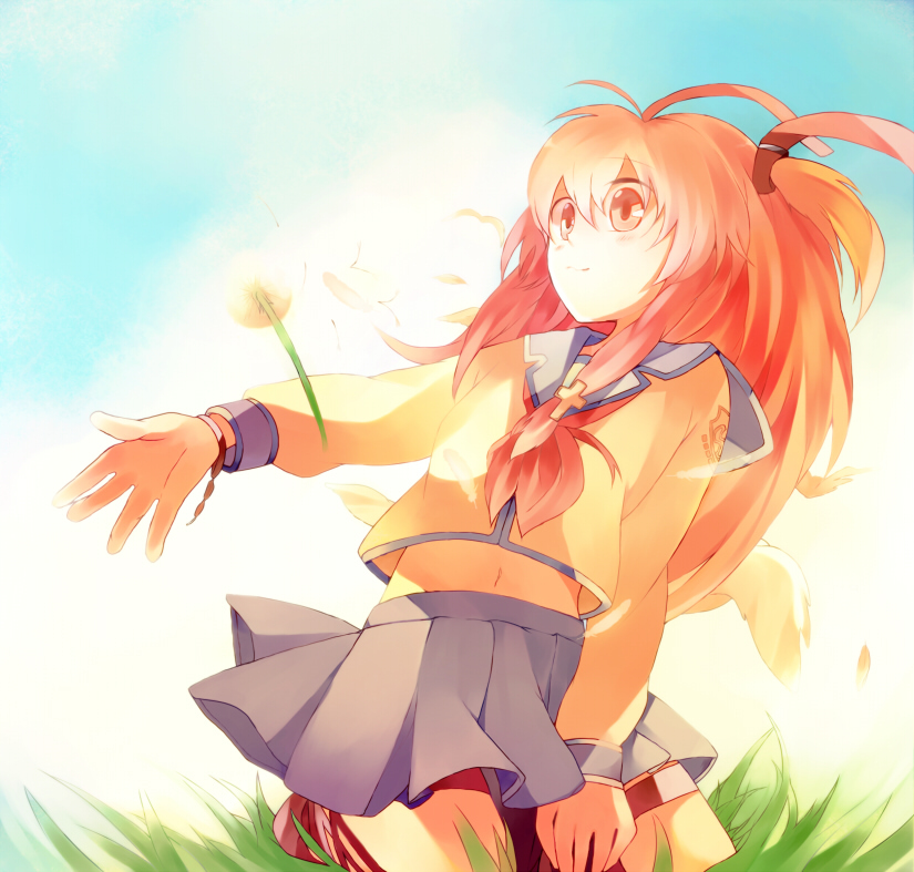 bad_id, dandelion, flower, hands, hinata123, light, long_hair, midriff
