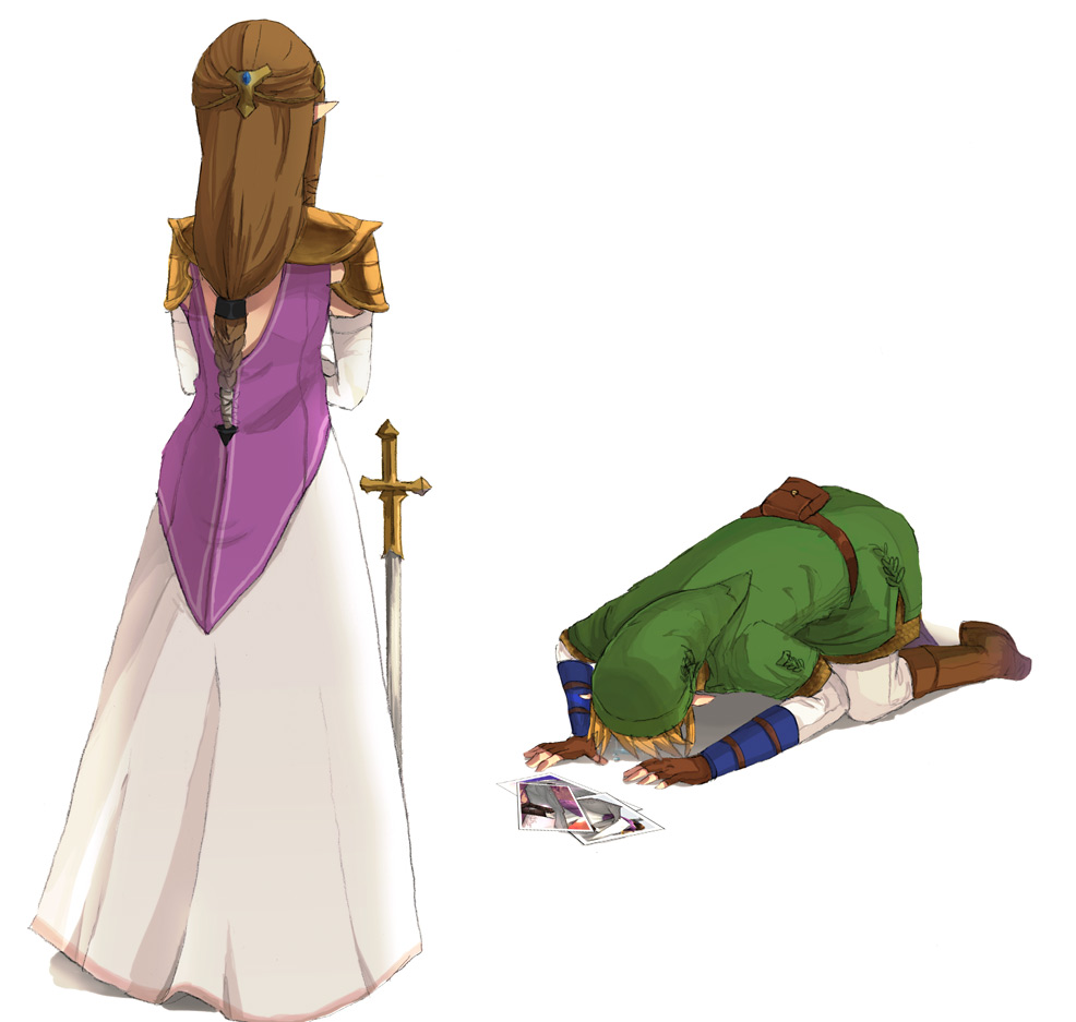 brown_hair, crying, hat, link, long_hair, nintendo, panties, photo_(object), photos, princess_zelda, sword, tears, the_legend_of_zelda, totsuji_rio, twilight_princess, underwear, upskirt, weapon