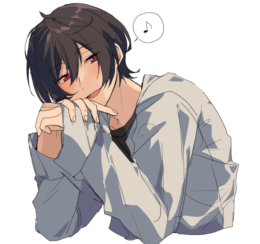 1boy, akarin1006, black_hair, blush, cowlick, cropped_torso, double-parted_bangs, ensemble_stars!