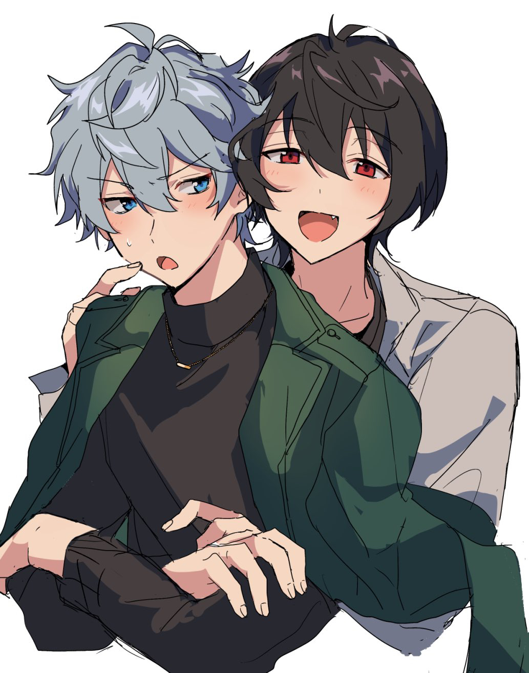 2boys, :d, akarin1006, annoyed, antenna_hair, behind_another, bishounen, black_hair