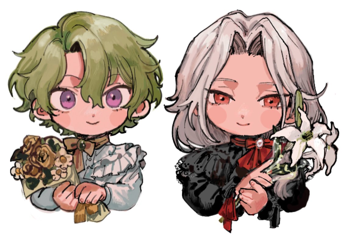 2boys, aliasing, bishounen, black_shirt, bouquet, chibi, chibi_only, choker