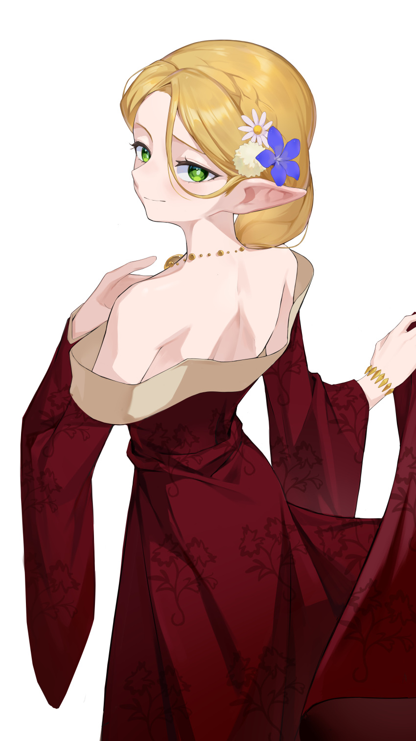 1girl, absurdres, bare_shoulders, blonde_hair, dress, dungeon_meshi, elf, floral_print, flower, green_eyes, hair_flower, hair_ornament, highres, jewelry, looking_at_viewer, looking_back, marcille_donato, necklace, pointy_ears, red_dress, shalou, simple_background, solo, white_background