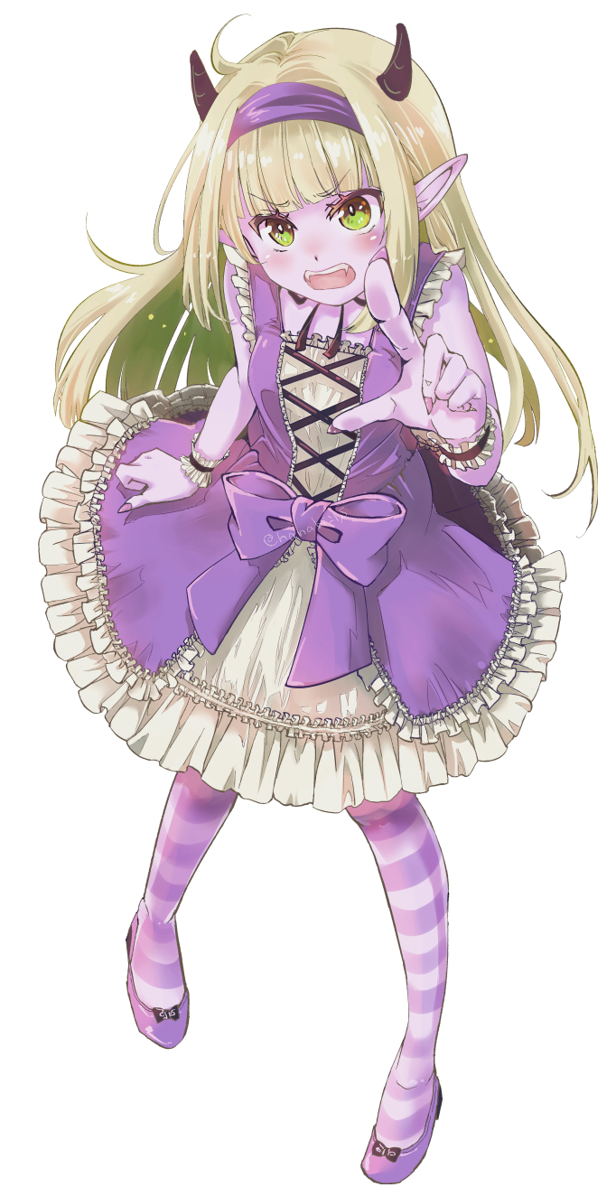 1girl, blonde_hair, blush, bow, character_request, colored_skin, commentary_request, dragon_quest, dress, fangs, frilled_dress, frilled_wrist_cuffs, frills, green_eyes, hairband, hanabi21dq, highres, horns, layered_dress, long_hair, open_mouth, pantyhose, pointing, pointing_at_viewer, pointy_ears, purple_bow, purple_dress, purple_hairband, purple_skin, simple_background, solo, striped_clothes, striped_pantyhose, teeth, upper_teeth_only, white_background, white_dress, wrist_cuffs