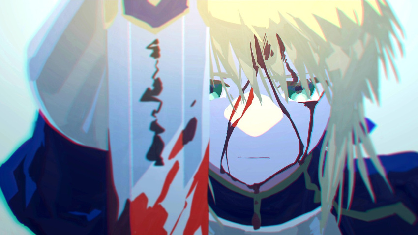 amemasu79, artoria_pendragon_(fate), blonde_hair, blood, blood_on_face, blue_dress, blue_eyes, dress