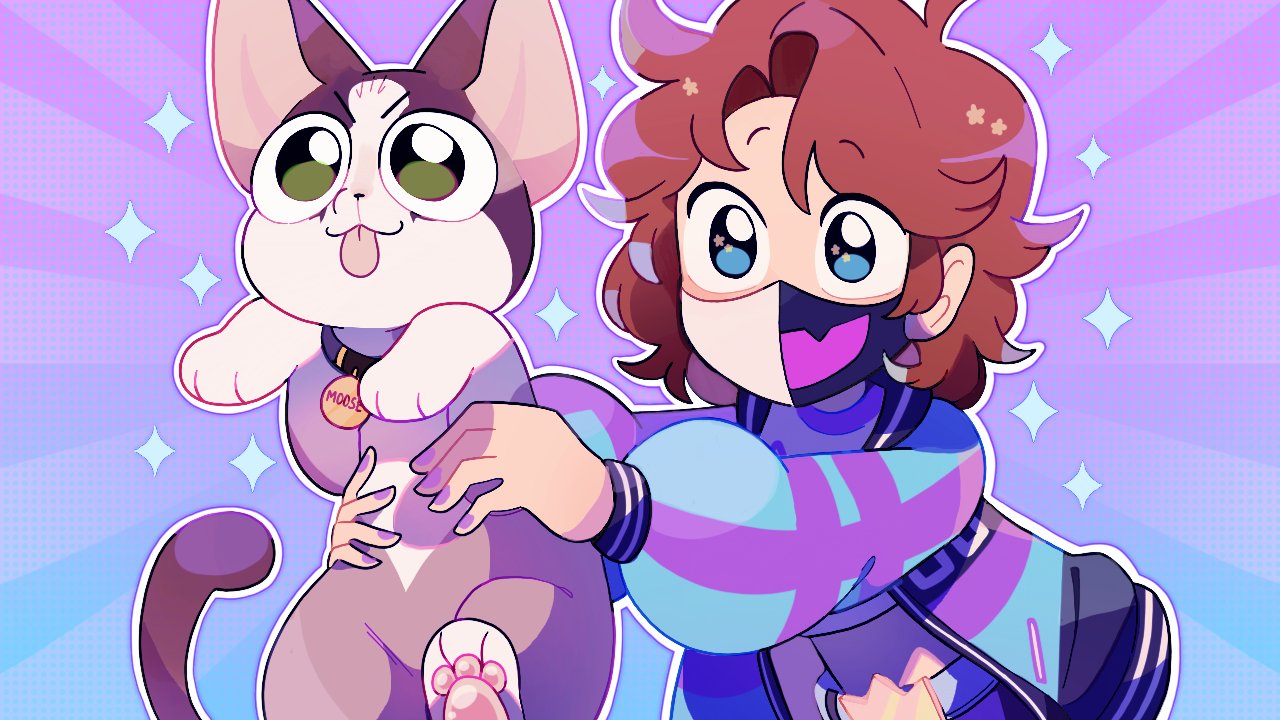 1other, androgynous, animal, belt, blue_eyes, brown_hair, cat, collar, crop_top, holding, holding_animal, indie_virtual_youtuber, jacket, mask, midriff, moose_(ranboo), mouth_mask, open_clothes, open_jacket, other_focus, outline, pet, ranboo, ranboo_(r800), real_life, short_hair, sleepy_cheeky, solo, sparkle, tongue, tongue_out, virtual_youtuber, white_outline