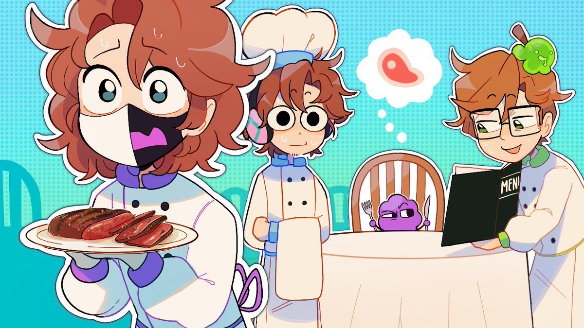 1other, 2boys, alternate_costume, androgynous, brown_hair, chef_hat, commentary, condifiction