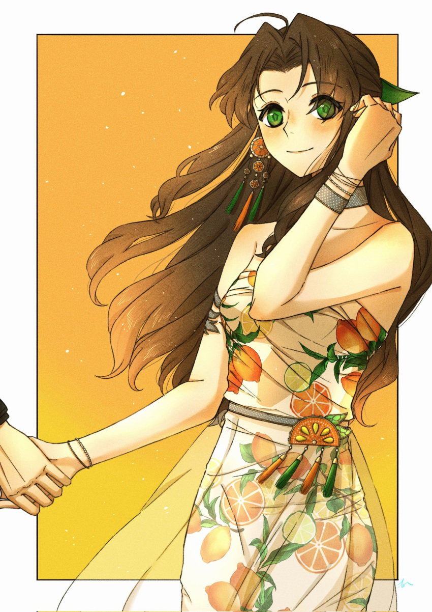 1boy, 1girl, aerith_gainsborough, aerith_gainsborough_(citric_dress), ahoge, armlet, bare_shoulders, black_wristband