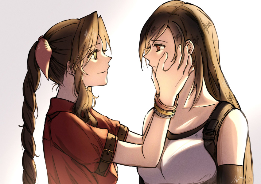 2girls, aerith_gainsborough, bangle, bare_shoulders, black_bra, black_gloves, black_hair, bra