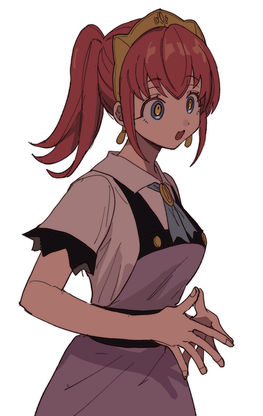 1girl, aoi_(yooo009), apron, blue_eyes, blue_neckerchief, blur_layer, breasts, collared_dress, dark, dress, earrings, highres, jewelry, light_smile, looking_ahead, medium_breasts, medium_hair, megido72, neckerchief, open_mouth, orange_eyes, own_fingers_together, own_hands_together, purple_apron, raised_eyebrows, redhead, ringed_eyes, shadow, short_sleeves, simple_background, solo, tachi-e, three_quarter_view, tiamat_(megido72), tiara, twintails, two-tone_eyes, white_background, white_dress