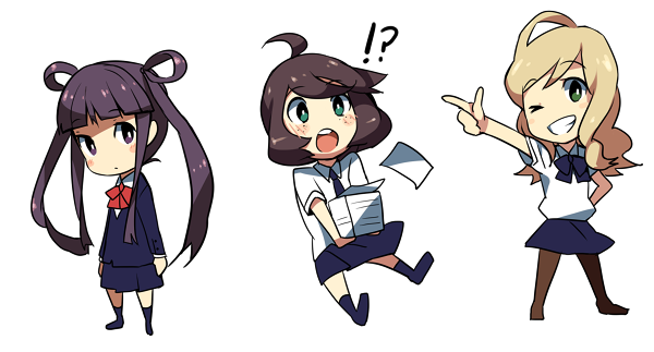 3girls, ahoge, blazer, blonde_hair, blush, brown_hair, chibi, donut_(raemz), donut_(weee), green_eyes, grin, hair_rings, long_hair, multiple_girls, necktie, open_mouth, original, pantyhose, paper, pleated_skirt, pointing, purple_hair, ribbon, school_uniform, short_hair, skirt, smile, twintails, weee_(raemz)