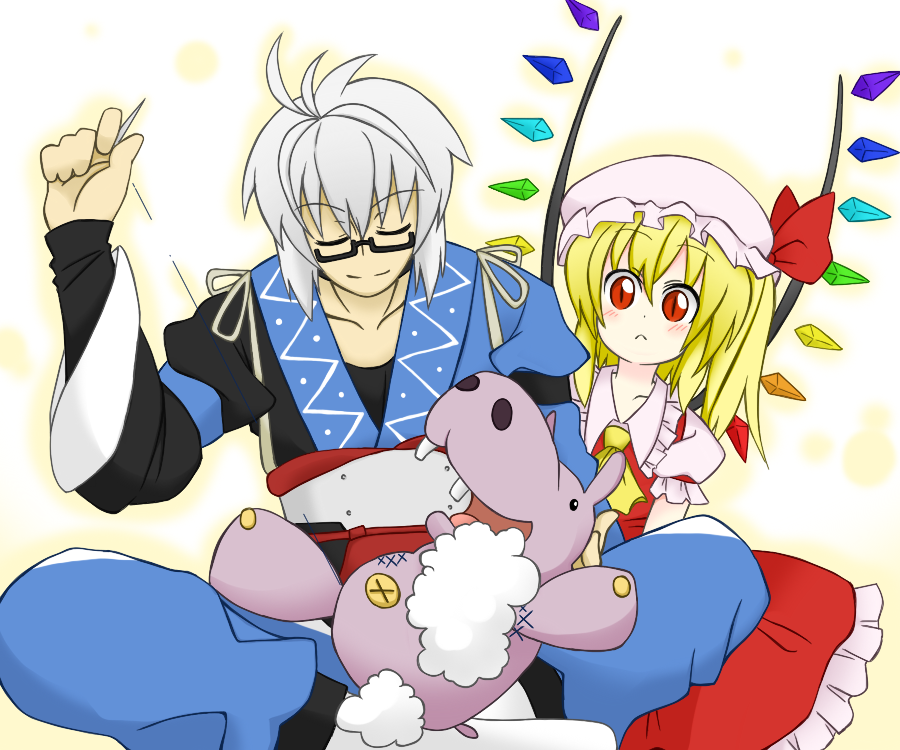 ahoge, ascot, blonde_hair, flandre_scarlet, glasses, grey_hair, hippopotamus, morichika_rinnosuke, needle, red_eyes, sag, sag_(karehabase), sewing, slit_pupils, stuffed_animal, stuffed_toy, touhou, wings