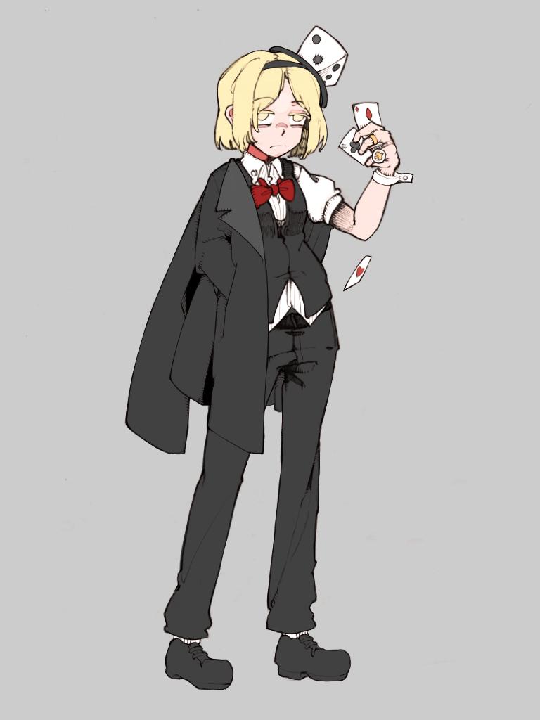 1other, ace_(playing_card), ace_of_clubs, ace_of_diamonds, ace_of_hearts, androgynous, bare_arms, belt, belt_buckle, black_belt, black_coat, black_footwear, black_hairband, black_pants, black_vest, blonde_hair, bolos, bow, bowtie, buckle, card, closed_mouth, club_(shape), coat, coat_pouch, collared_coat, collared_shirt, commentary, diamond_(shape), dice_hair_ornament, dot_nose, dress_pants, dress_shirt, dress_shoes, empty_eyes, floating_card, frown, full_body, gold_ring, grey_background, hair_ornament, hairband, hand_in_pocket, heart, holding, holding_card, jewelry, lapels, len'en, looking_ahead, multiple_rings, notched_lapels, other_focus, pants, playing_card, puffy_short_sleeves, puffy_sleeves, red_bow, red_bowtie, ring, shirt, short_hair, short_sleeves, simple_background, socks, solo, standing, tachi-e, traditional_bowtie, v-neck, vest, white_shirt, white_socks, white_wrist_cuffs, wrist_cuffs, xeno_a, yellow_eyes