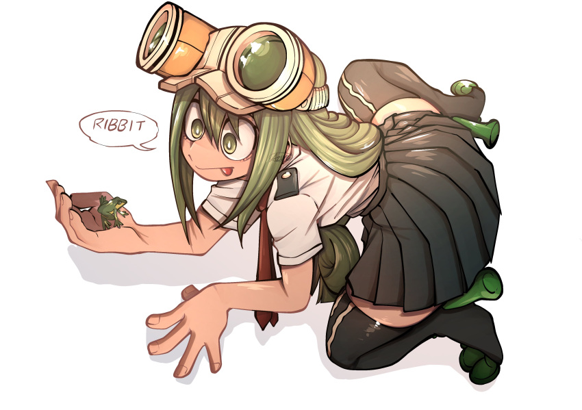 1girl, :>, absurdres, alternate_eye_color, animal, animal_on_hand, asui_tsuyu, black_skirt