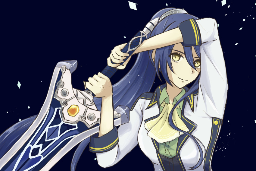 1girl, ascot, closed_mouth, coat, commentary_request, eiyuu_densetsu, greatsword, green_shirt, hair_between_eyes, high_ponytail, highres, holding, holding_sword, holding_weapon, laura_s._arseid, long_hair, looking_at_viewer, roshiroshiroppy, sen_no_kiseki_(series), sen_no_kiseki_iii, shirt, smile, solo, sword, weapon, white_coat, yellow_ascot, yellow_eyes