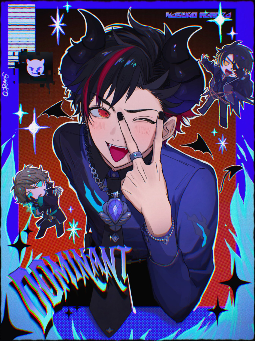 3boys, :d, amulet, black_gloves, black_hair, black_jacket, black_nails, black_necktie
