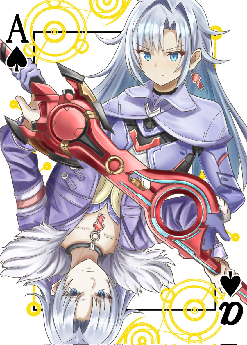 1boy, 1girl, a_(xenoblade), ace_(playing_card), alvis_(xenoblade), armored_bodysuit, blue_eyes, card