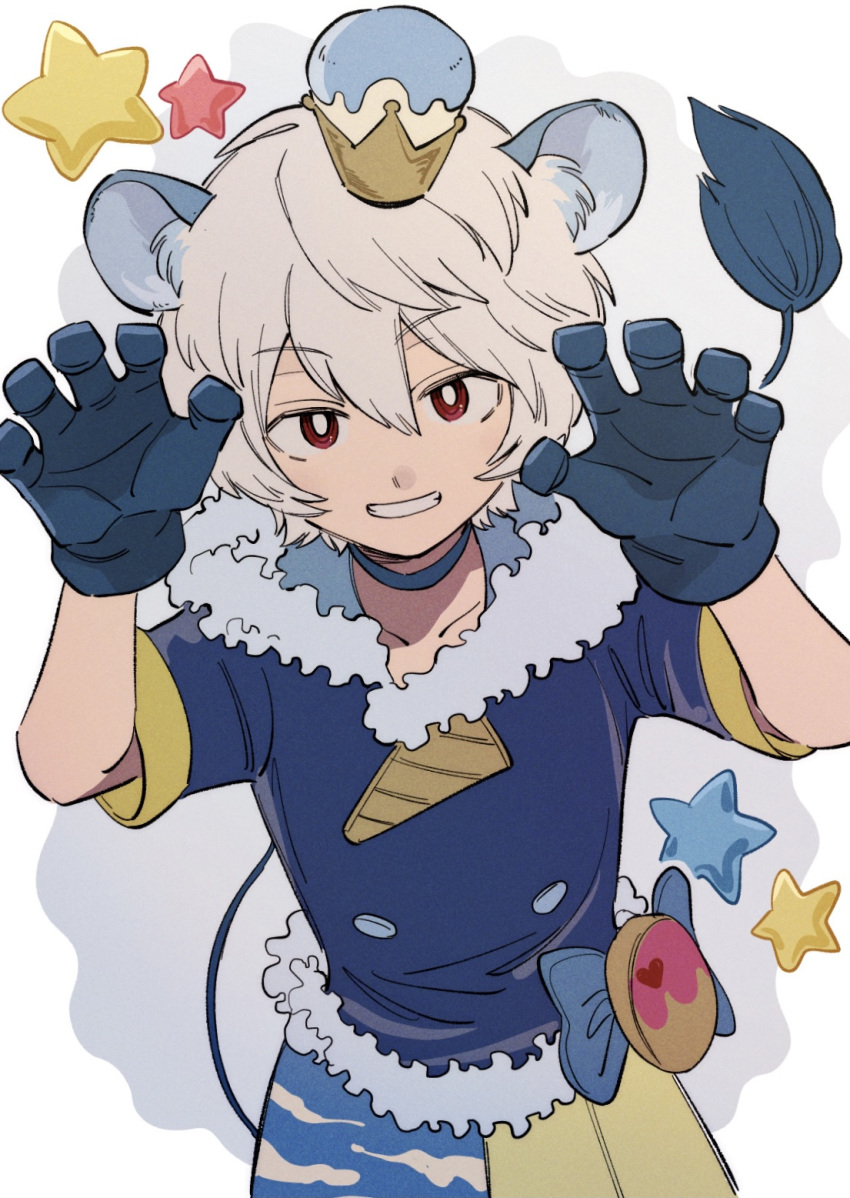 1boy, animal_ears, aoi_(yooo009), aqua_gloves, bishounen, blue_choker, blue_jacket, border