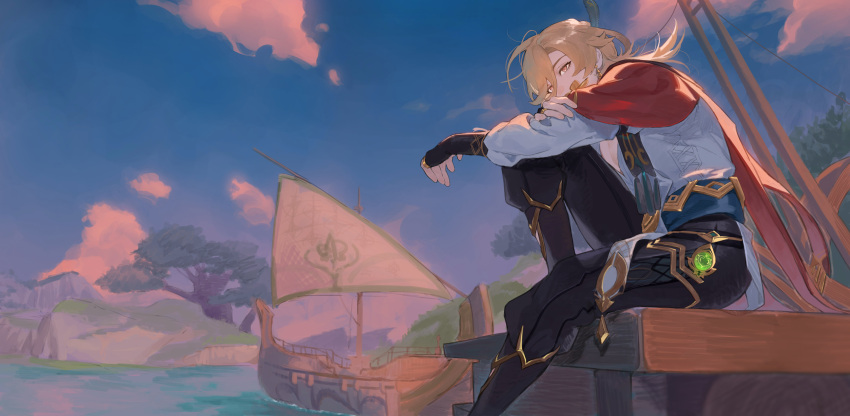 1boy, absurdres, black_footwear, black_gloves, black_pants, blonde_hair, blue_sash, blue_sky, boat, boots, cape, clouds, day, dock, earrings, eyes_visible_through_hair, feather_hair_ornament, feathers, fingerless_gloves, foot_out_of_frame, genshin_impact, gloves, gold_trim, hair_between_eyes, hair_ornament, highres, jewelry, kaveh_(genshin_impact), knee_up, long_hair, long_sleeves, looking_at_viewer, looking_to_the_side, male_focus, mountain, outdoors, pants, parted_bangs, red_cape, red_eyes, sachico66, sash, shirt, sitting, sky, solo, thighlet, tree, water, watercraft, white_shirt