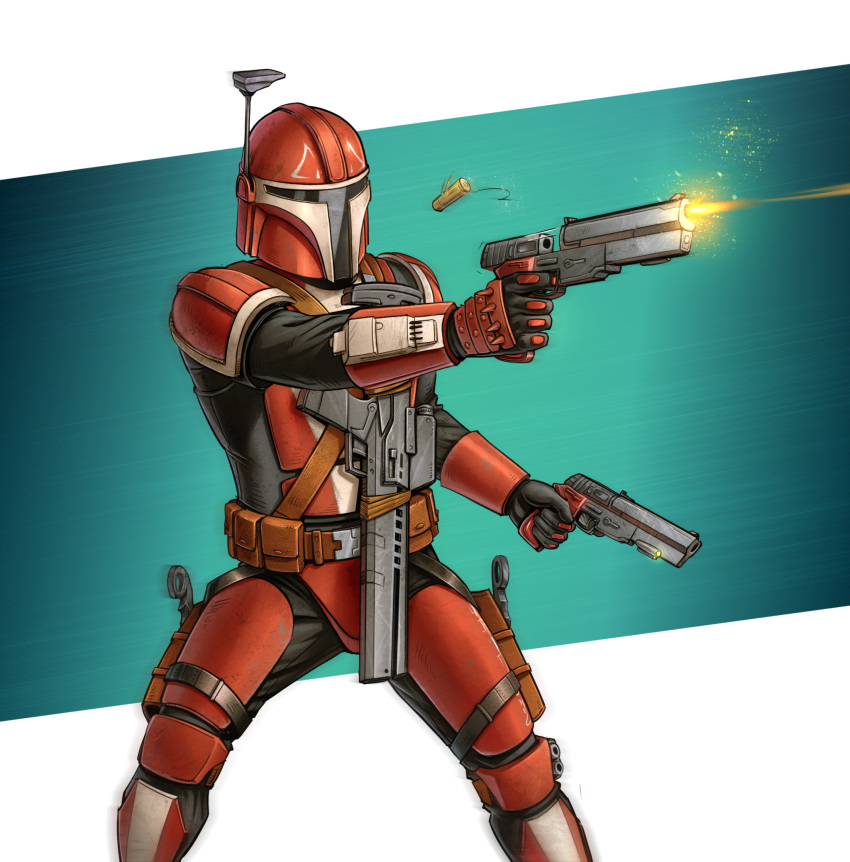 1boy, aqua_background, armor, belt_pouch, birdyraider, dual_wielding, firing, gun