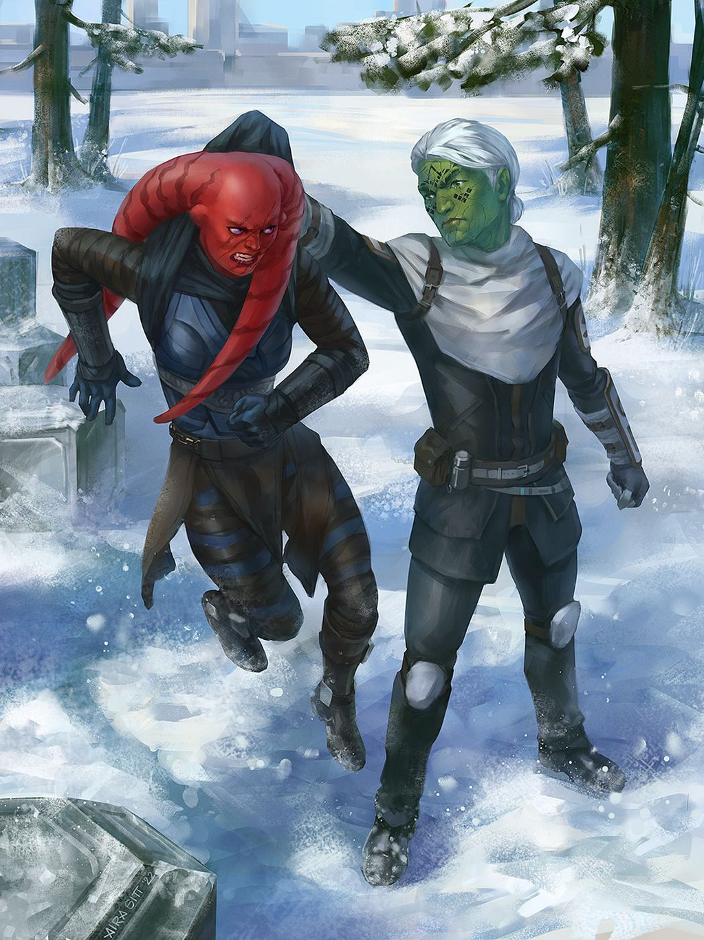 2girls, airagitt, alien, armor, belt_pouch, black_gloves, clenched_hand, clenched_teeth, colored_skin, day, facial_mark, gloves, green_skin, highres, lekku_(anatomy), lifting_person, looking_at_another, mirialan, multiple_girls, outdoors, pouch, red_skin, scar, scar_across_eye, short_hair, snow, star_wars, star_wars:_the_old_republic, teeth, tree, twi'lek, updo, violet_eyes, white_hair