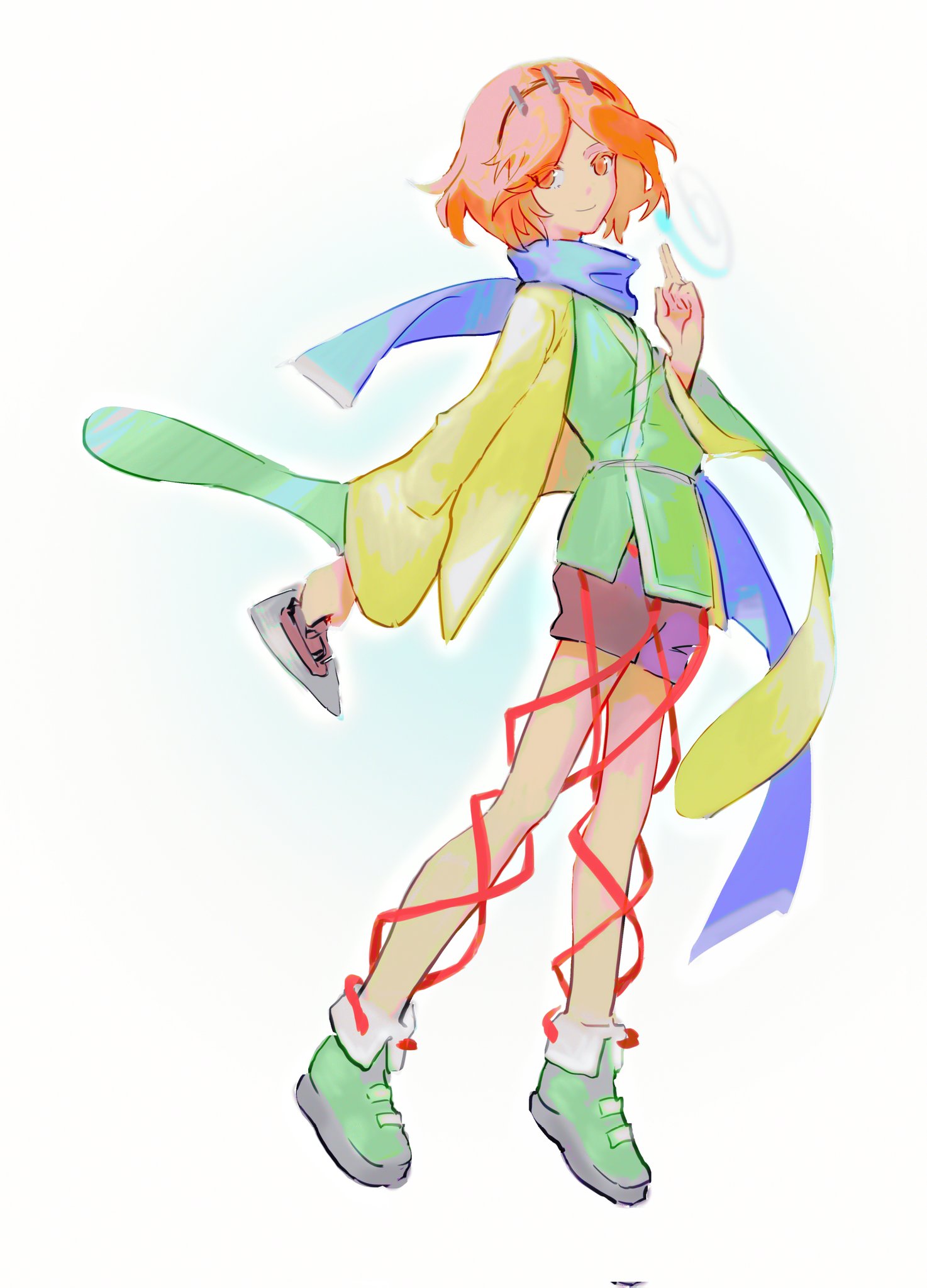 1other, androgynous, blue_scarf, boots, brown_shorts, closed_mouth, clothes_iron, dot_nose