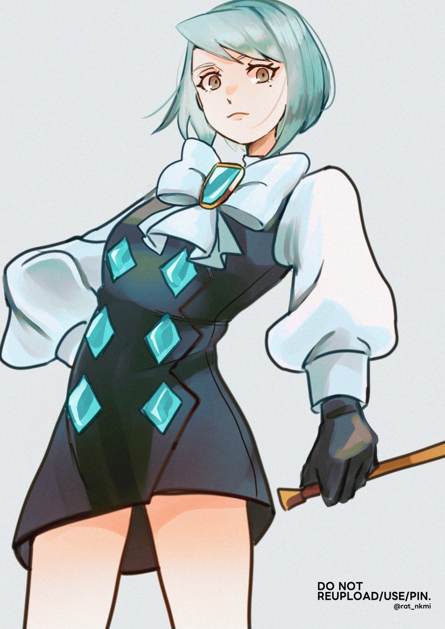 1girl, ace_attorney, black_gloves, blue_hair, brown_eyes, closed_mouth, cowboy_shot, franziska_von_karma