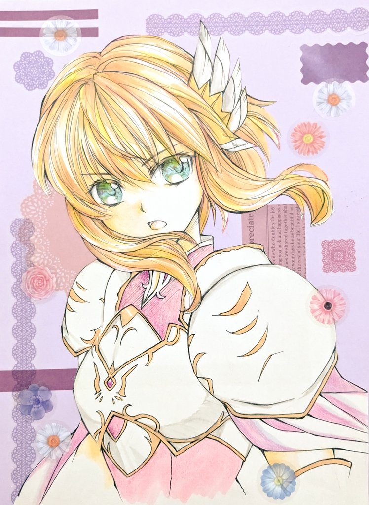 1girl, armor, blonde_hair, breastplate, chika_1, commentary_request, fire_emblem, fire_emblem:_thracia_776, floral_background, green_eyes, head_wings, nanna_(fire_emblem), open_mouth, pauldrons, purple_background, shoulder_armor, solo, v-shaped_eyebrows, wings