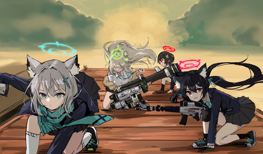 4girls, absurdres, animal_ear_fluff, animal_ears, assault_rifle, ayane_(blue_archive), beretta_ar70/90, black_footwear