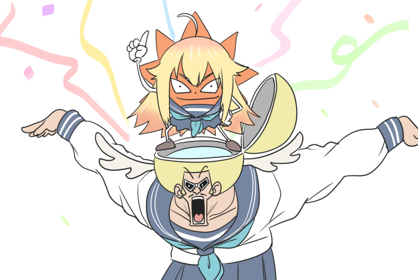 2boys, afro, antlers, blonde_hair, bobobo-bo_bo-bobo, bobobo-bo_bo-bobo_(character), cosplay, don_patch, facial_hair, horns, koshi_torako, koshi_torako_(cosplay), multiple_boys, mustache, nuno_nin, parody, school_uniform, serafuku, shikanoko_noko, shikanoko_noko_(cosplay), shikanoko_nokonoko_koshitantan