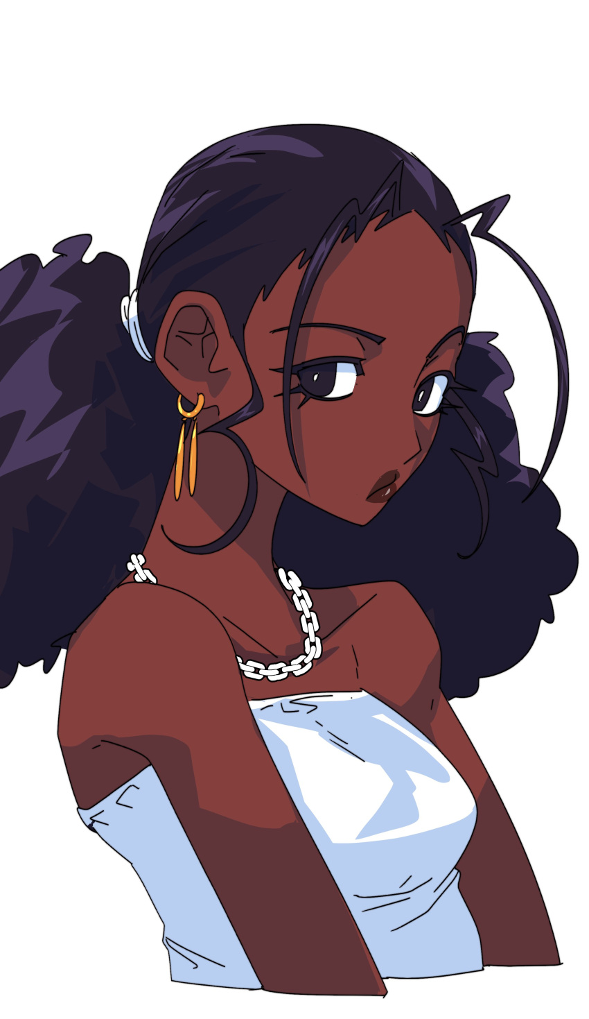 1girl, absurdres, afro_puffs, antenna_hair, bare_shoulders, black_eyes, bright_pupils, brown_lips, chain, chain_necklace, dark-skinned_female, dark_skin, earrings, from_side, frown, hair_behind_ear, highres, jewelry, love_sickubus, necklace, saredd, shirt, simple_background, solo, sophia_kiss, strapless, strapless_shirt, upper_body, white_background, white_pupils, white_shirt