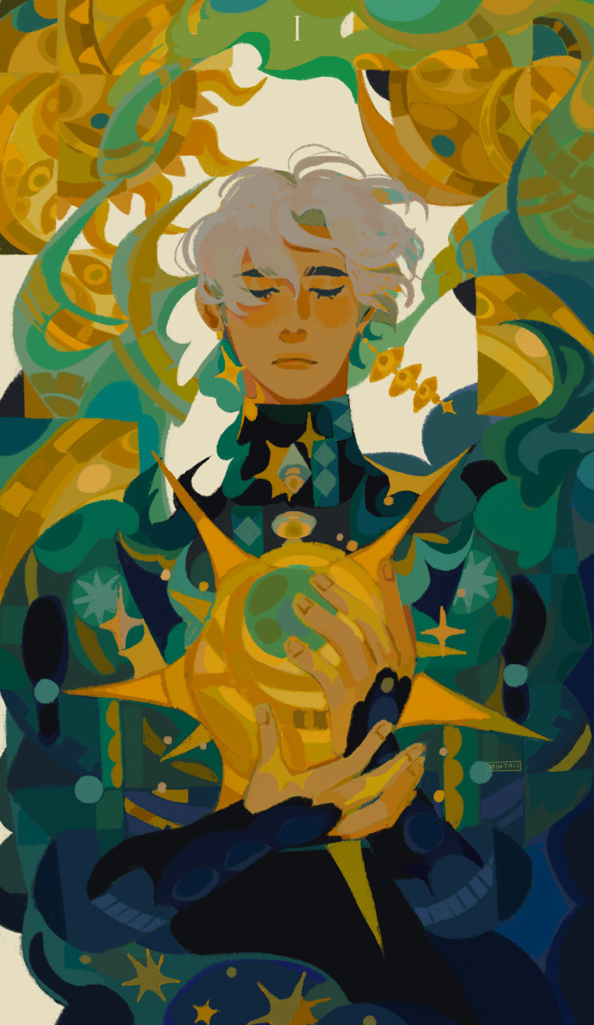 1boy, abstract_background, absurdres, analogous_colors, androgynous, bracer, card_(medium), closed_eyes