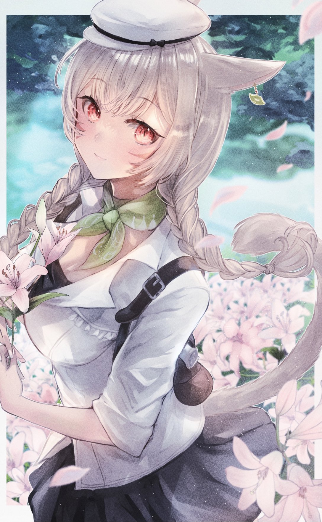 1girl, animal_ears, backpack, bag, bandana, black_camisole, black_skirt, braid, breasts, camisole, cat_ears, cat_girl, cat_tail, earrings, facial_mark, final_fantasy, final_fantasy_xiv, flower, green_bandana, green_scarf, grey_hair, hat, highres, holding, holding_flower, jewelry, lena_(lenafenrir1), medium_breasts, miqo'te, red_eyes, scarf, shirt, short_sleeves, skirt, tail, twin_braids, warrior_of_light_(ff14), whisker_markings, white_shirt