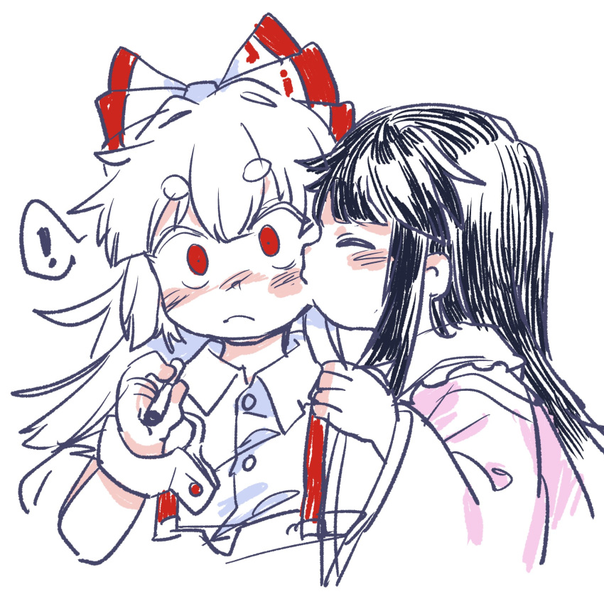 !, 2girls, black_hair, blush, bow, cigarette, closed_eyes, colored_eyelashes